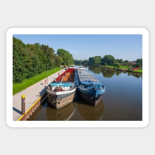 Germany; Nienburg; weser Lower Saxony; City; Flow; Bridge; weser bridge; Ship; barge Sticker